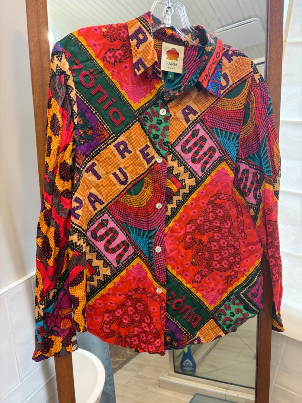 Farm Rio Dotted Patch Scarf Shirt, which is a button-down blouse size S